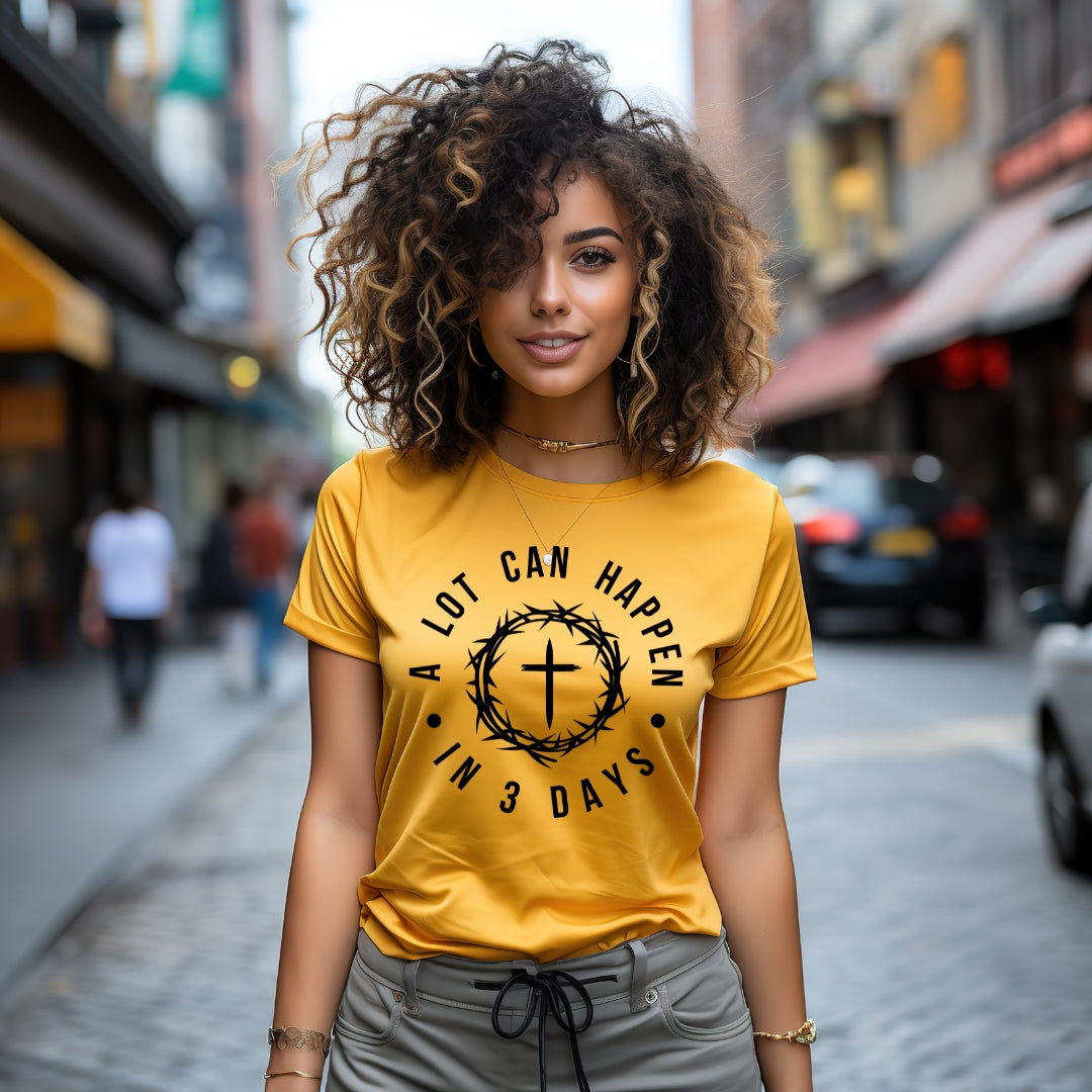 a young woman wearing a lot can happen in 3 days yellow shirt