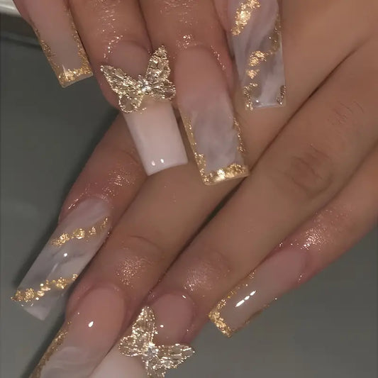 French Butterfly • Peach Foil Nails • Press-on Nails