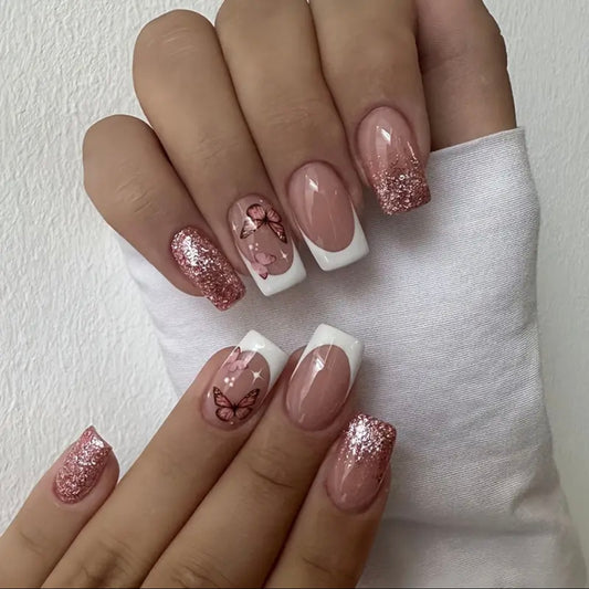 Rose Butterfly • Rose Glitter Nails • Press-on Nails