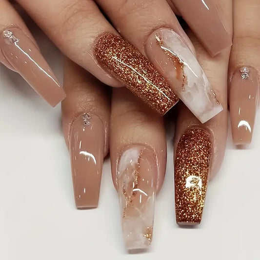 Nude Marble • Gold Glitter Nails • Press-on Nails